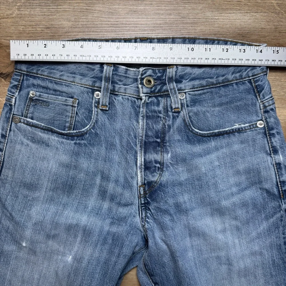G-Star Raw 3301 Tapered Jeans Mens 27x30 Light Blue Distressed‎ Button Fly Pants